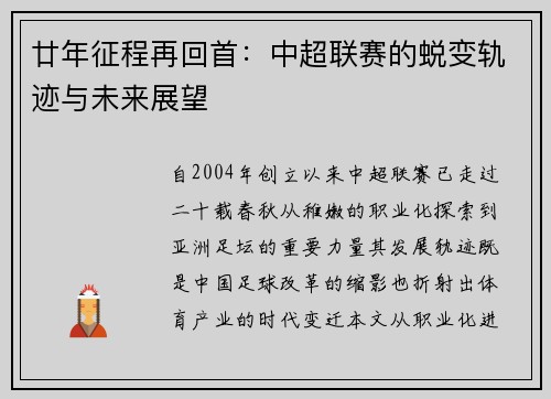 廿年征程再回首：中超联赛的蜕变轨迹与未来展望